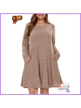Plus Size Knit Sweater Dress Crew Neck Long Sleeve Knee Length Pockets